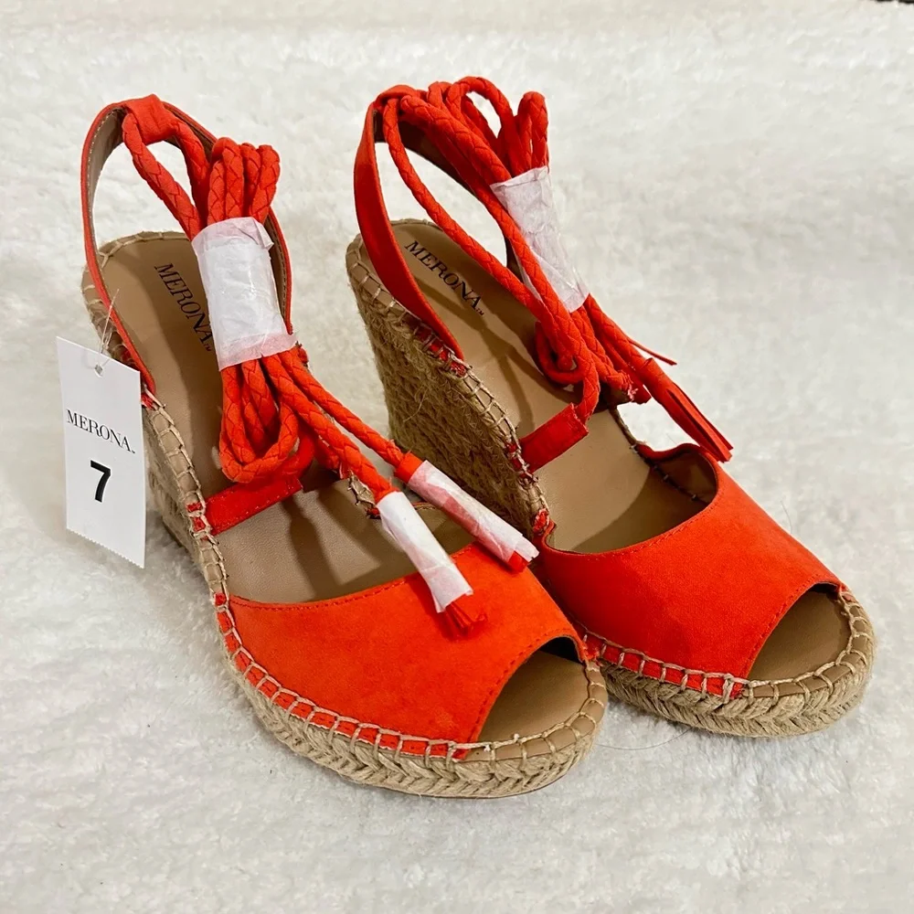 Merona Wedge Sandals Heel Ankle Tie Up Strings Peep Toe Platform Shoes Fabric